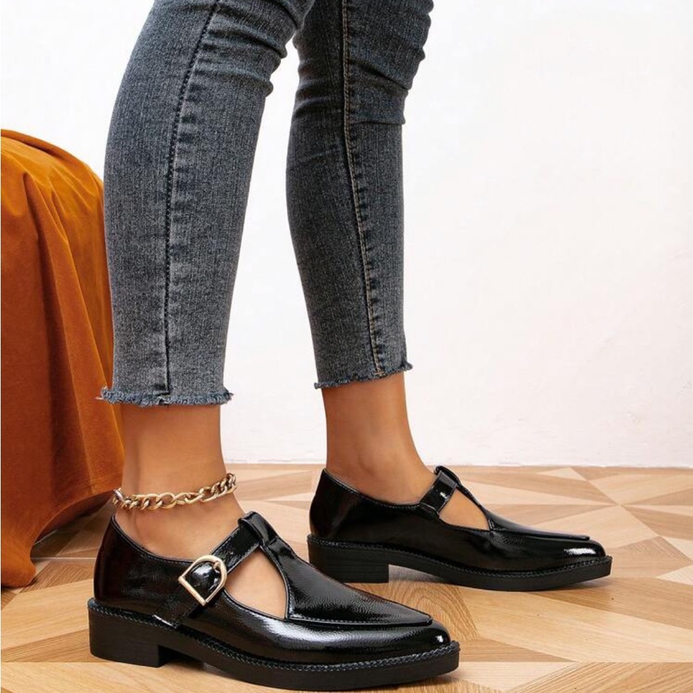 Women's Flat Chunky Heel Pointed Toe Brogue Loafers, Slip On Block Oxfords Shoes - Picture 4 of 13